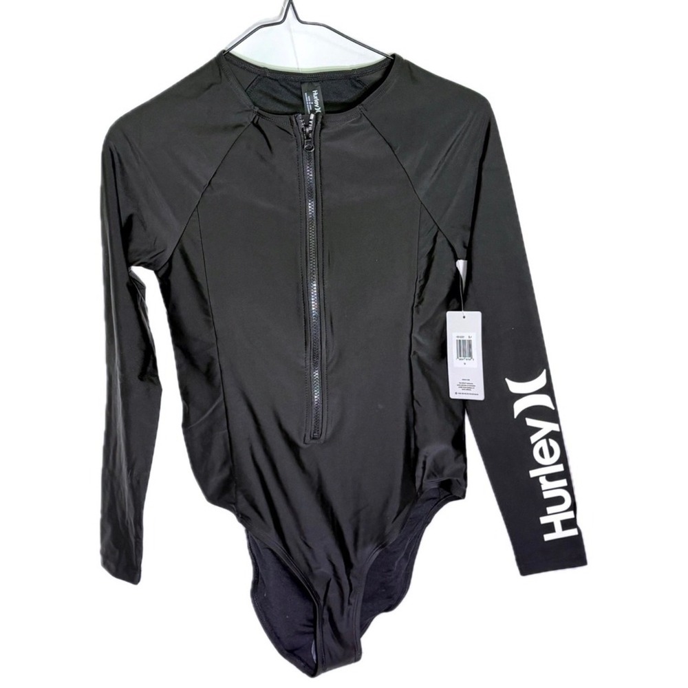NWT Hurley Black Long Sleeve One Piece Rash Guard / Swimsuit UPF 50+ Zip Surf SM - Picture 5 of 7